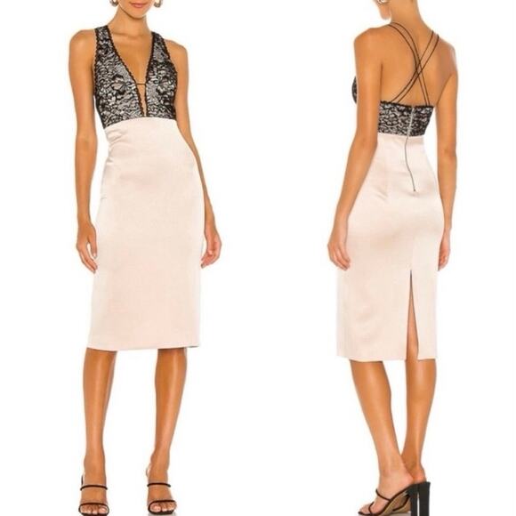 NEW ALICE + OLIVIA Vanita Corded Lace Bodice Satin Midi Slip Dress 8 Nude Black - Picture 1 of 9